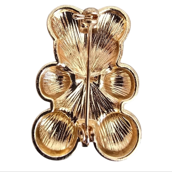 Teddy Bear Rhinestone Hot Pink Gold Brooch Lapel Scarf Crystal - Picture 3 of 3